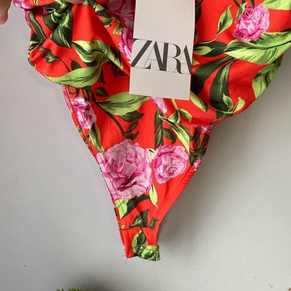 NWT ZARA floral one piece bodysuit ruched size medium orange deep v neck - Picture 4 of 9